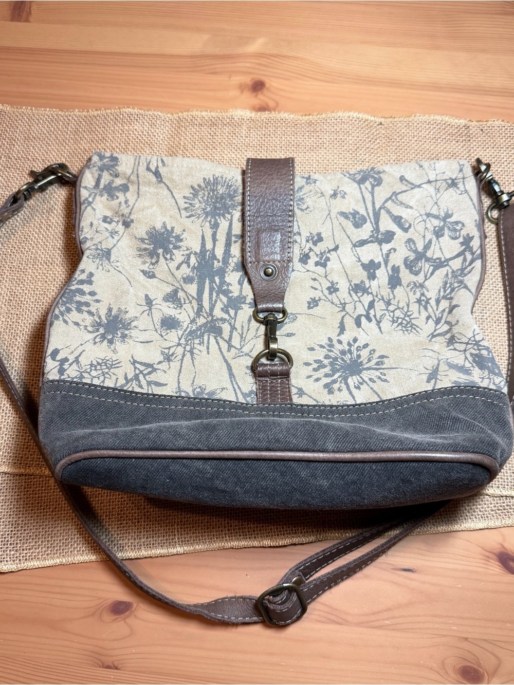 Myra Bag Beige Canvas Floral Shoulder Bag with Gray Accents